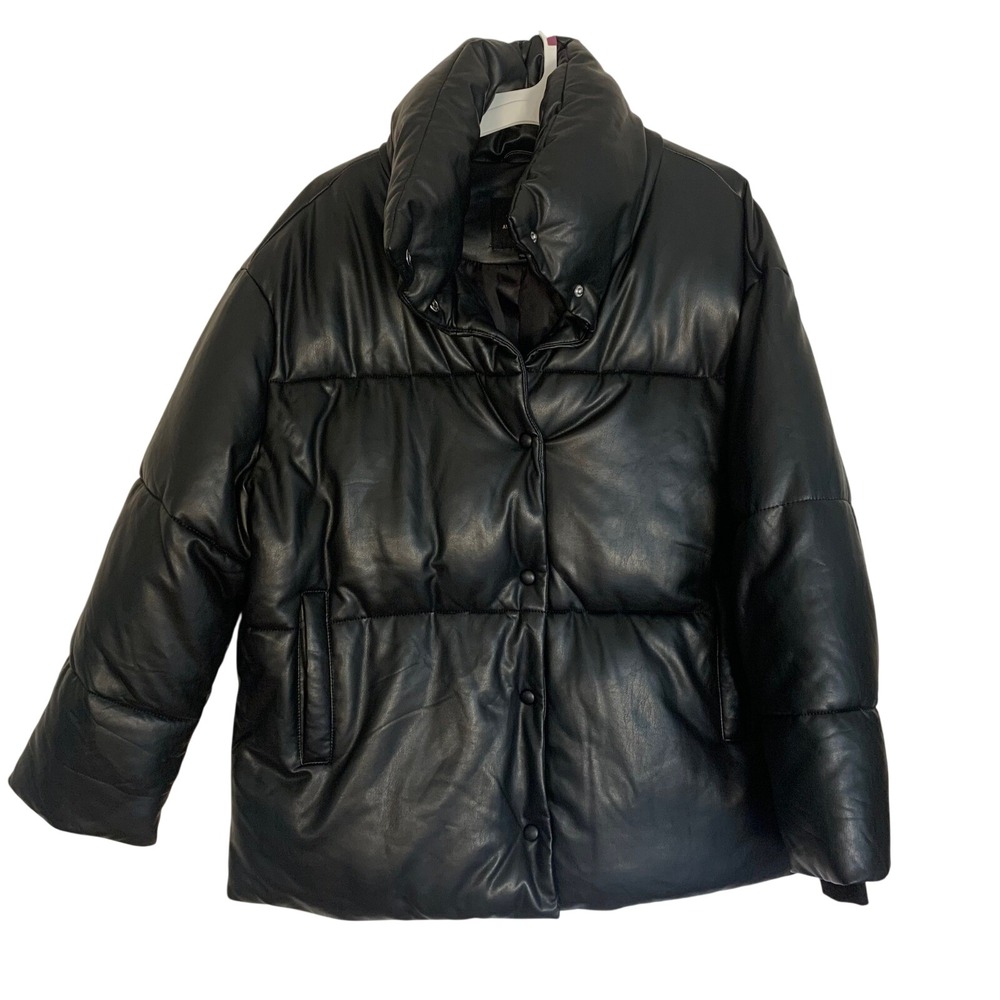 Avec Les Filles Black Puffer Jacket Women's L Large Snap Front Winter Warm Shiny